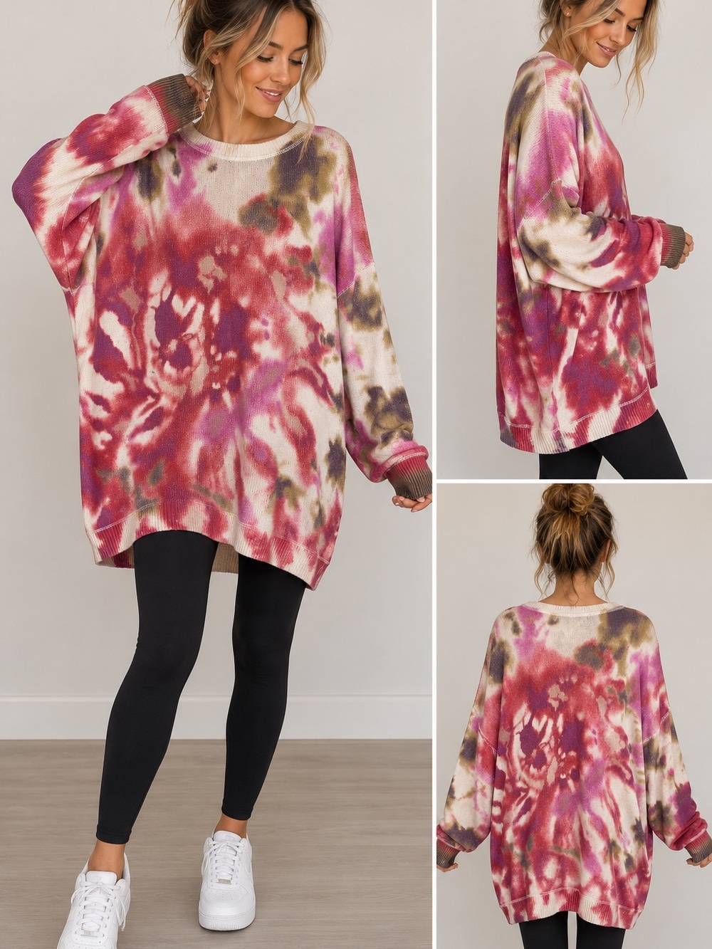 Natural Life L/XL Oversized Tie Dye Sweater Pink Purple Abstract Dolman Sleeve